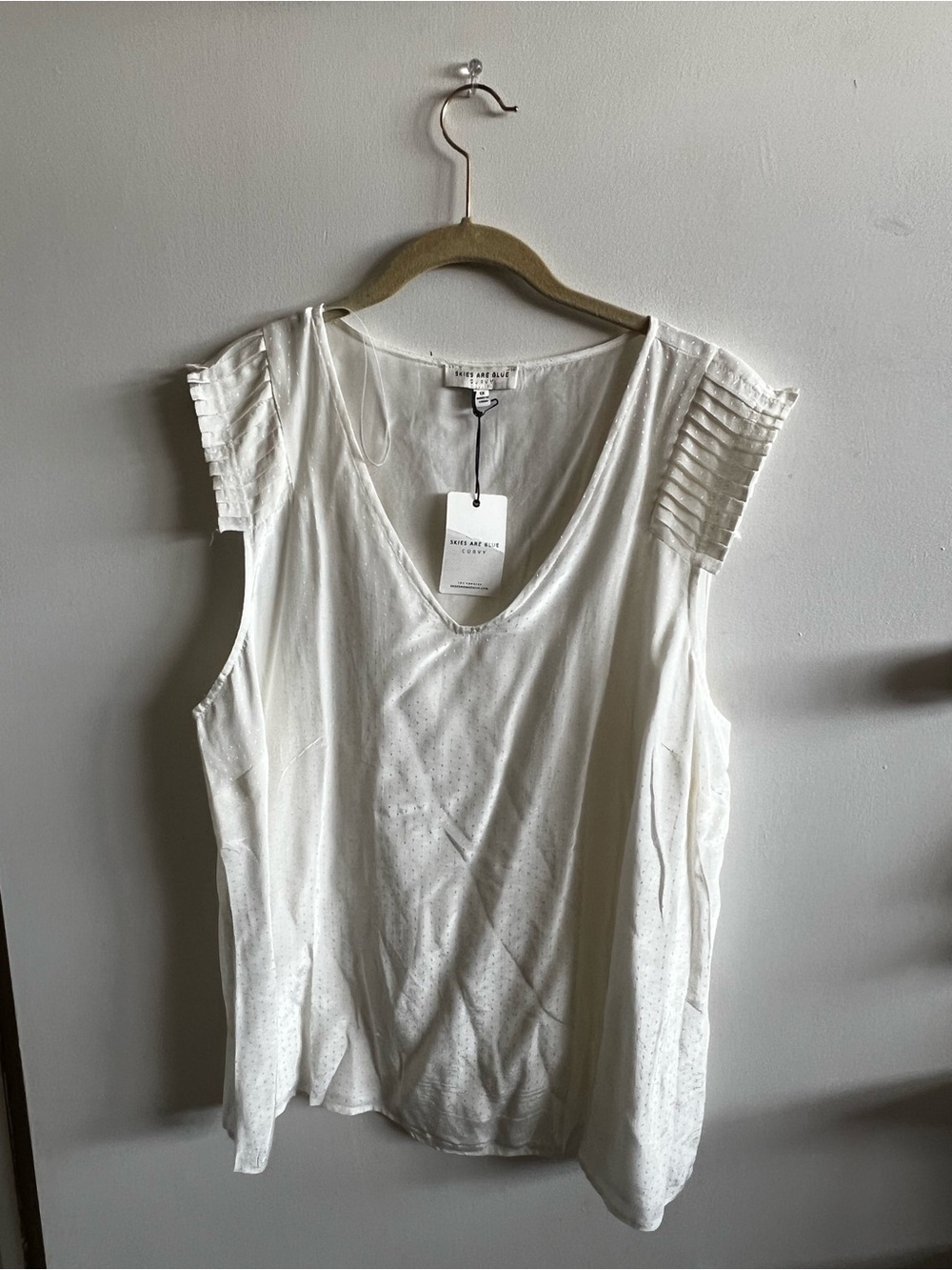 Skies Are Blue White Pleated Cap-Sleeve V-Neck Tank